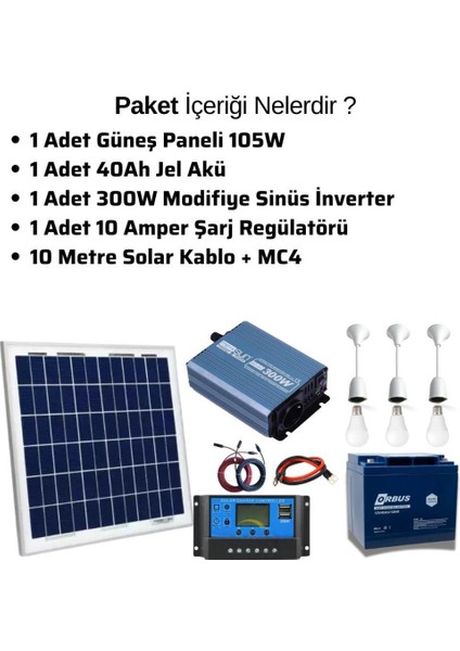 105 Watt Güneş Paneli Tv Aydınlatma Paketi Solar Paket modelleri