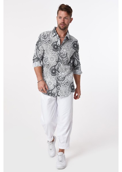 R-3654 Şal Desenli Ayaklı Yaka Gizli Pat Uzun Kol Gömlek fiyatları