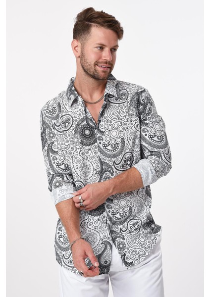 R-3654 Şal Desenli Ayaklı Yaka Gizli Pat Uzun Kol Gömlek modelleri