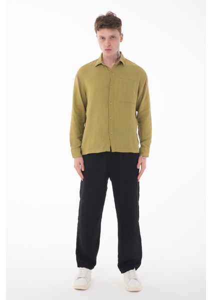 R-6054 Ayaklı Yaka Tek Cep Detaylı Uzun Kol Etamin Gömlek