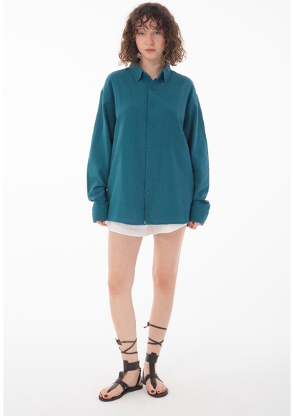 R-6044 Ayaklı Yaka Uzun Kol Keten Gömlek