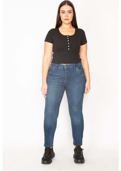 Kadın Lacivert Yan Dikiş Detaylı Yıkama Efekli 5 Cep Kot Pantolon 65N29559