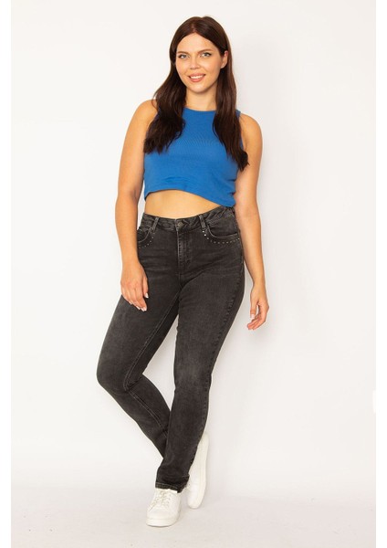 Kadın Antrasit Ön Ve Arka Cepleri Taş Detaylı Likralı 5 Cep Kot Pantolon 65N34147