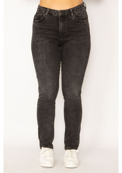 Kadın Antrasit Ön Ve Arka Cepleri Taş Detaylı Likralı 5 Cep Kot Pantolon 65N34147 fırsatları