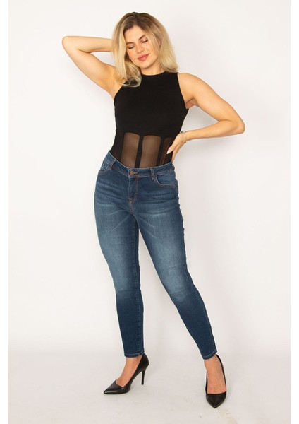 Kadın Lacivert Likralı 5 Cep Kot Pantolon 65N34247 modelleri