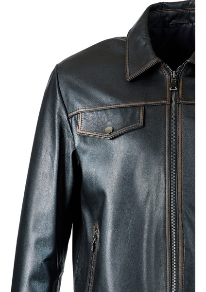 Fontana Erkek Slimfit Hakiki Deri Mont Siyah/taba modelleri