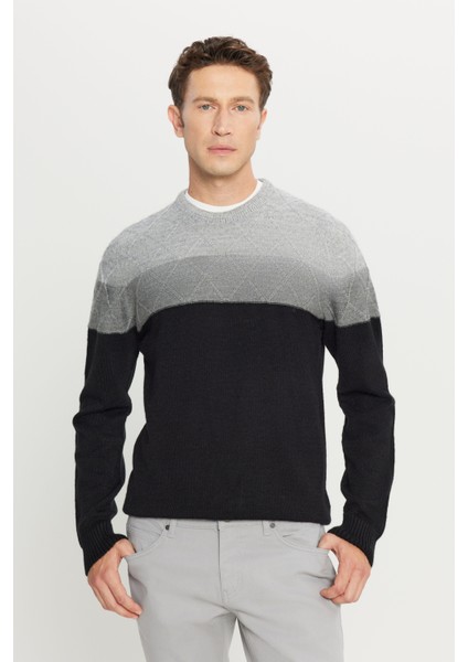 Erkek Gri-siyah Standart Fit Normal Kesim Bisiklet Yaka Colorblock Desenli Triko Kazak