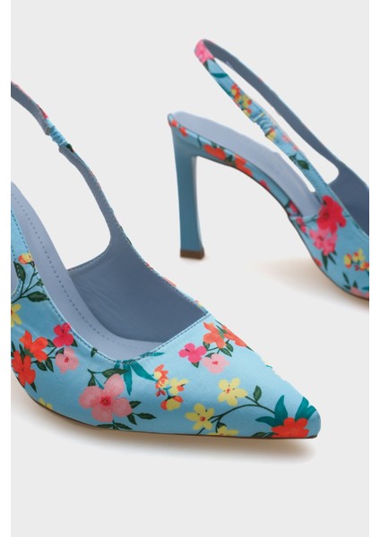 Arkası Açık Sivri Burunlu Yüksek Topuklu Çiçek Desenli Kadın Ayakkabı