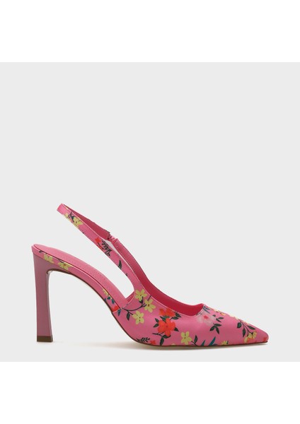 Arkası Açık Sivri Burunlu Yüksek Topuklu Çiçek Desenli Kadın Ayakkabı
