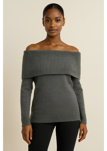 Rtd&vld Kadın VITA-197 Deyzi Şal Yaka Triko Kazak Gri