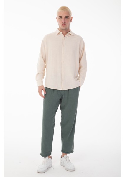 R-6044 Ayaklı Yaka Uzun Kol Keten Gömlek