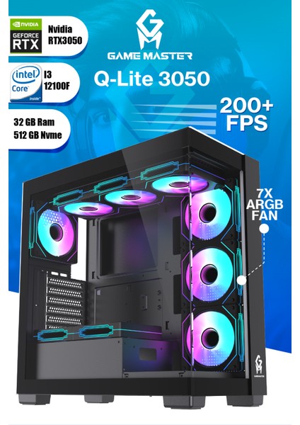 Qlite 3050 Intel I3-12100F Cpu 32GB Ddr4 Ram 512GB M.2 SSD RTX3050 7x Argb Fan Siyah Gaming Pc