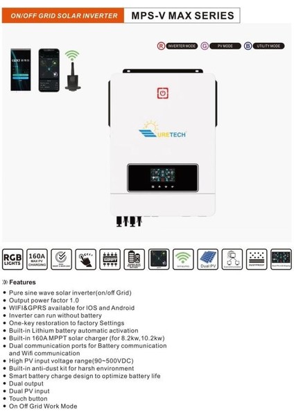 Uretech 10.2kva 10.2kw 10200 Watt Tam Sin. Akıllı Mppt 160A (55-450VDC) Inverter 48VDC-220VAC 11KW Invertör fiyatları