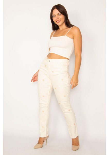 Kadın Bej Ekose Baskılı Likralı 5 Cepli Kot Pantolon 65N34151