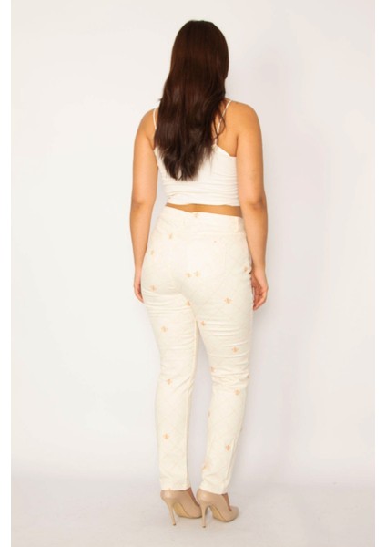 Kadın Bej Ekose Baskılı Likralı 5 Cepli Kot Pantolon 65N34151 modelleri