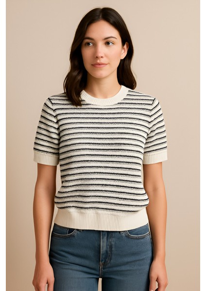 Rtd&vld Kadın VITA-190 Suny Stribe Çizgili Kısa Kollu Triko Bluz Ekru
