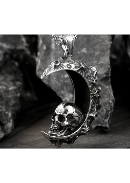 Paslanmaz Çelik Ay Detaylı Kurukafa Kolye Zincir