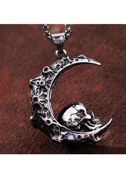 Paslanmaz Çelik Ay Detaylı Kurukafa Kolye Zincir fiyatları