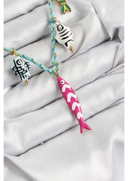 Seramik Motifli Pembe Balık Figürlü Model Mavi Ip Kadın Kolye