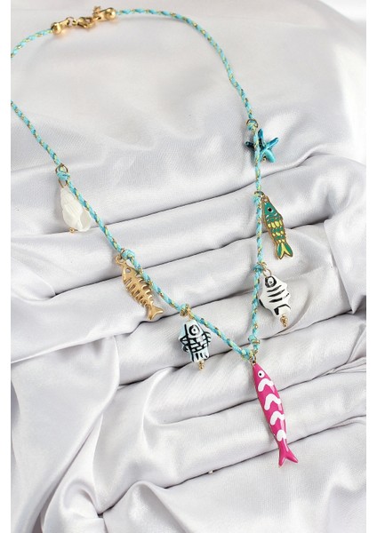 Seramik Motifli Pembe Balık Figürlü Model Mavi Ip Kadın Kolye fiyatları