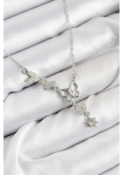 316L Çelik Zirkon Taşlı Kelebek Model Gümüş Renk Kadın Kolye