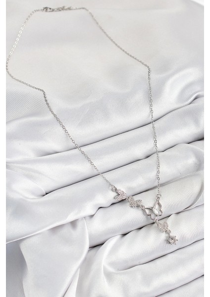 316L Çelik Zirkon Taşlı Kelebek Model Gümüş Renk Kadın Kolye fiyatları