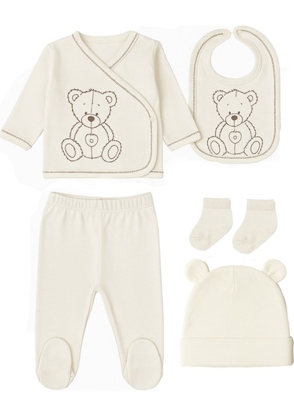 Ayıcık Desenli 5 Parça Yeni Doğan Zıbın Set Hastane Cıkışı Organik Kumaş