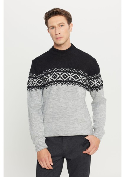 Erkek Siyah-füme Standart Fit Normal Kesim Yarım Balıkçı Yaka Şardonlu Yumuşak Dokulu Triko Kazak