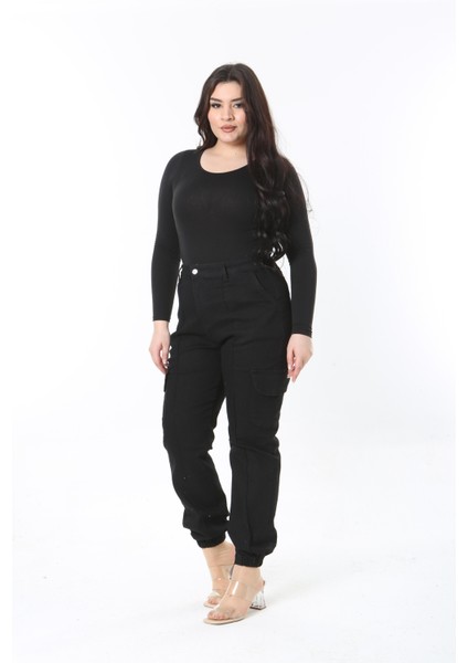 Kadın Büyük Beden Siyah Yüksek Bel Paçası Lastikli Çima Dikişli Kargo Cepli Kot Pantolon 65N38898