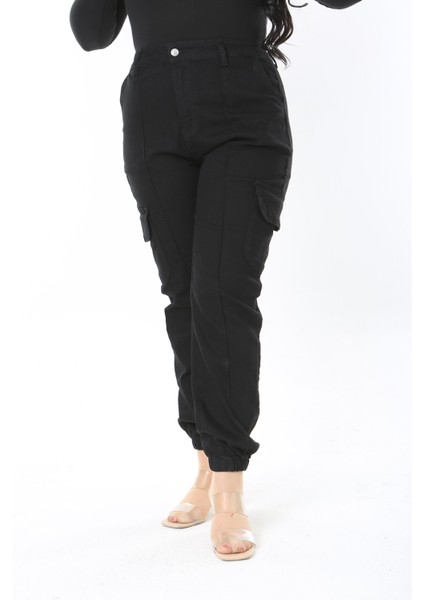 Kadın Büyük Beden Siyah Yüksek Bel Paçası Lastikli Çima Dikişli Kargo Cepli Kot Pantolon 65N38898 fiyatları