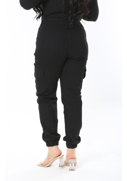 Kadın Büyük Beden Siyah Yüksek Bel Paçası Lastikli Çima Dikişli Kargo Cepli Kot Pantolon 65N38898 modelleri