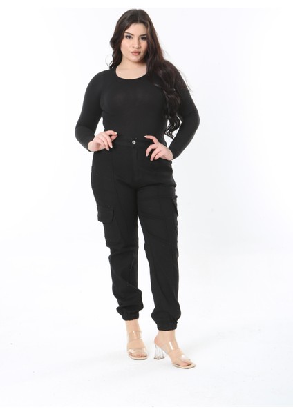 Kadın Büyük Beden Siyah Yüksek Bel Paçası Lastikli Çima Dikişli Kargo Cepli Kot Pantolon 65N38898 indirimleri