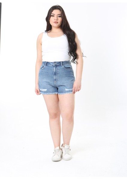 Kadın Büyük Beden Mavi Yırtık Detaylı 5 Cepli Kot Şort 65N38914 modelleri