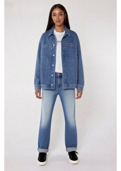 Kadın Büyük Beden Mavi, Çift Cep Kot Gömlek Mont 65N39012 fırsatları