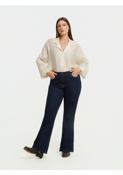 Kadın Büyük Beden Lacivert, Yüksek Bel, 5 Cep Çizme Paça Likralı Kot Pantolon 65N39022