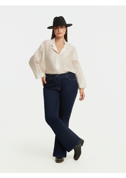 Kadın Büyük Beden Lacivert, Yüksek Bel, 5 Cep Çizme Paça Likralı Kot Pantolon 65N39022 fiyatları