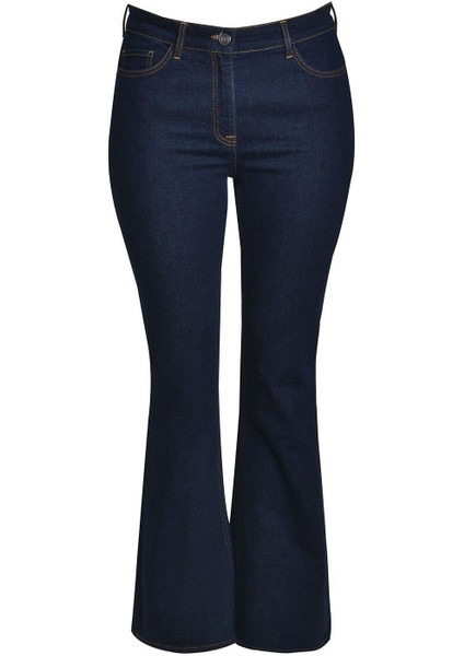 Kadın Büyük Beden Lacivert, Yüksek Bel, 5 Cep Çizme Paça Likralı Kot Pantolon 65N39022 fırsatları