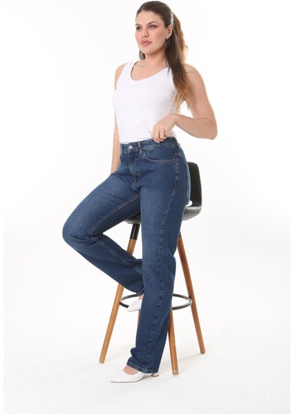 Kadın Büyük Beden Lacivert, Yüksek Bel 5 Cep Kot Pantolon 65N39004 fırsatları