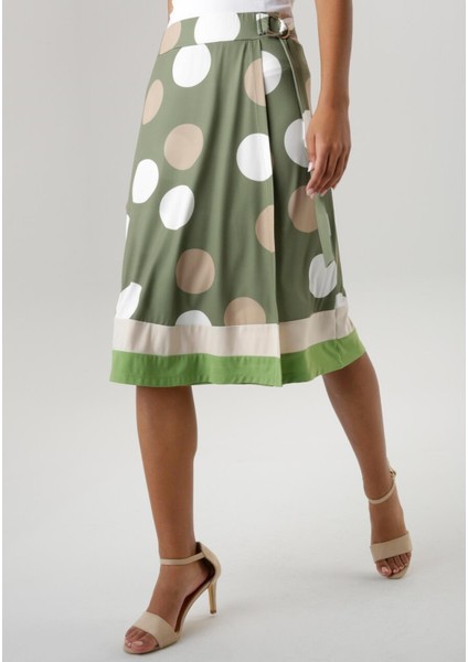 Kadın Büyük Beden Yeşil, Puantiye Desenli, Bel Lastikli ve Toka Detaylı Midi Etek 65N39033