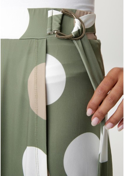 Kadın Büyük Beden Yeşil, Puantiye Desenli, Bel Lastikli ve Toka Detaylı Midi Etek 65N39033 fırsatları