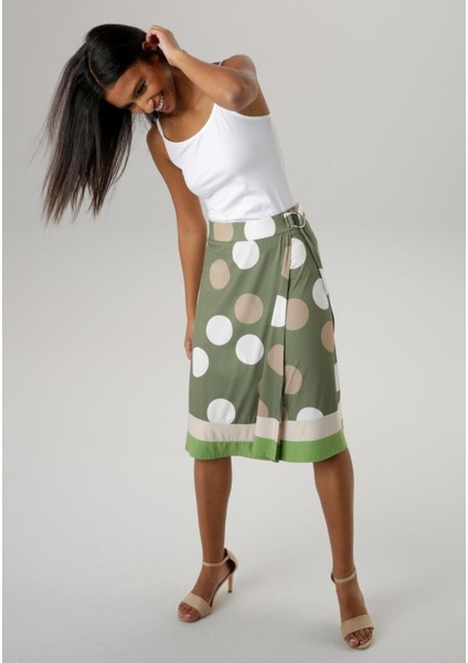 Kadın Büyük Beden Yeşil, Puantiye Desenli, Bel Lastikli ve Toka Detaylı Midi Etek 65N39033 indirimleri