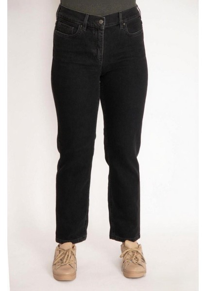 Kadın Büyük Beden Siyah, Arka Cep Dikiş Detaylı, Yüksek Bel 5 Cep Kot Pantolon 65N39006