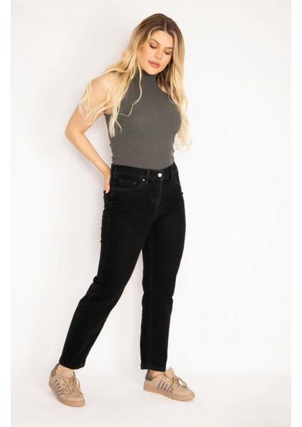 Kadın Büyük Beden Siyah, Arka Cep Dikiş Detaylı, Yüksek Bel 5 Cep Kot Pantolon 65N39006 fiyatları