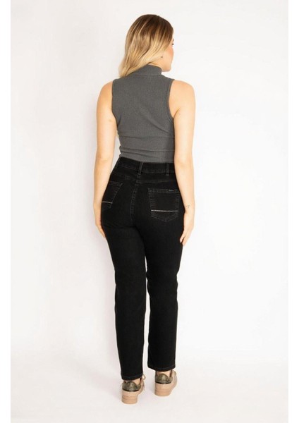 Kadın Büyük Beden Siyah, Arka Cep Dikiş Detaylı, Yüksek Bel 5 Cep Kot Pantolon 65N39006 modelleri