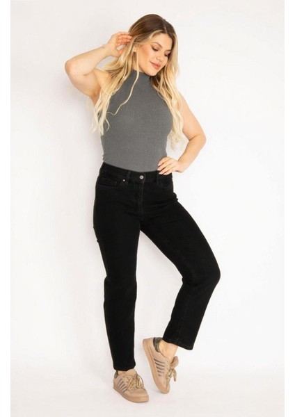 Kadın Büyük Beden Siyah, Arka Cep Dikiş Detaylı, Yüksek Bel 5 Cep Kot Pantolon 65N39006 fırsatları