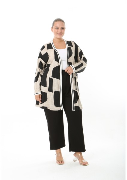 Kadın Likralı Viskon Kumaş Desenli Büyük Beden Hırka