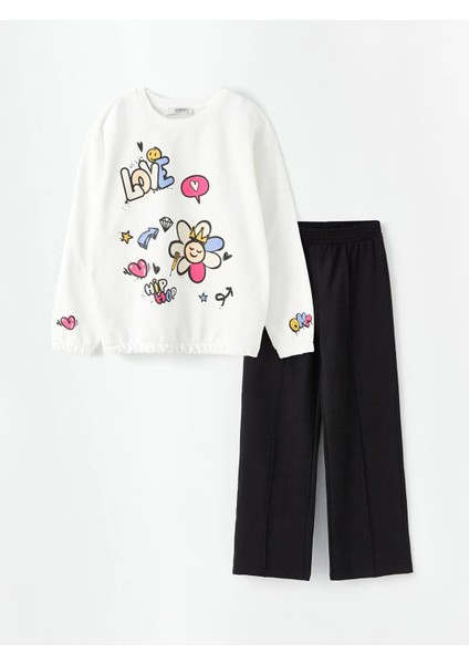 Lcw Kids Ekru Bisiklet Yaka Baskılı Uzun Kollu Kız Çocuk Sweatshirt ve Eşofman Altı