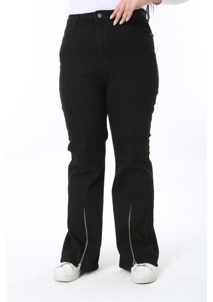 Kadın Büyük Beden Siyah, Paça Fermuarlı, Yüksek Bel Likralı Kot Pantolon 65N39003