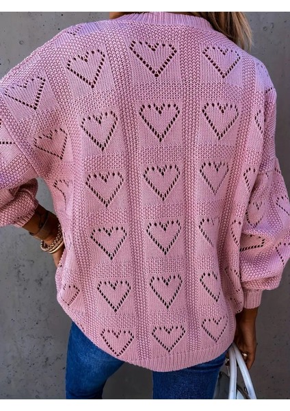 Soonaksesuar Kadın Uzun Kollu V Yakalı Kalpli Salaş Triko Bluz