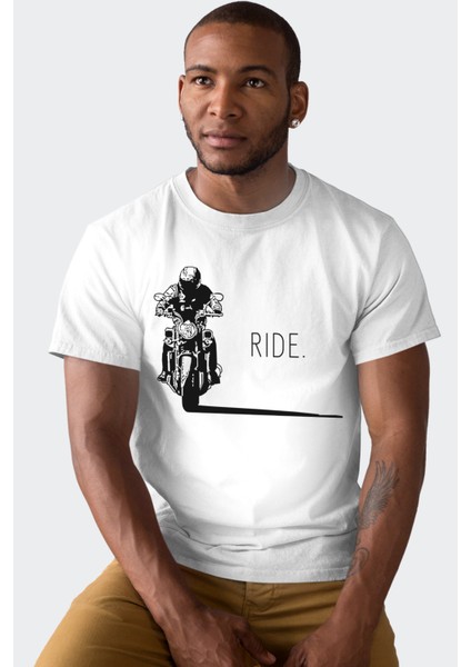 Moto Gölgesi Beyaz Kısa Kollu Erkek T-Shirt